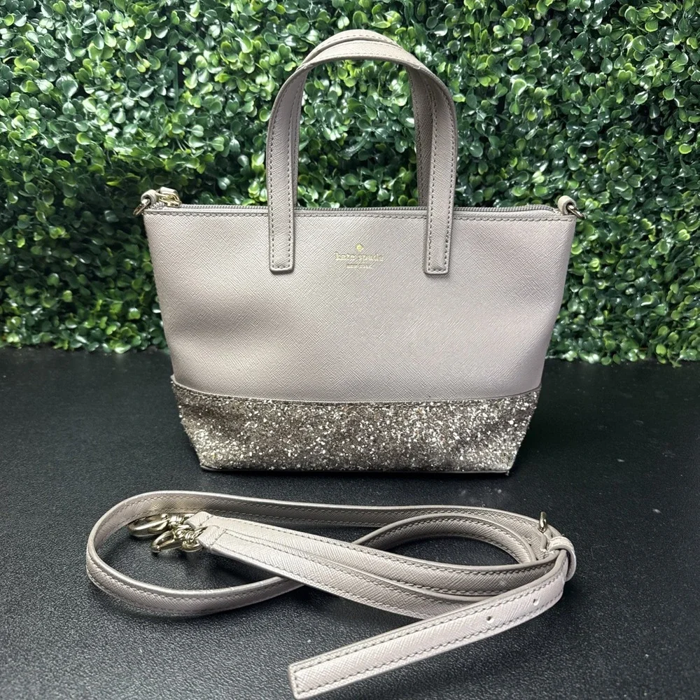Kate Spade New York Gray Small Satchel Zip Detachable Strap Glitter Bag Purse